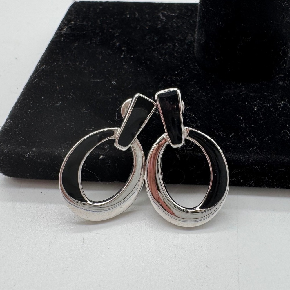 Vintage Trifari Silver Tone Black Enamel Oval Door Knocker Pierced Earrings